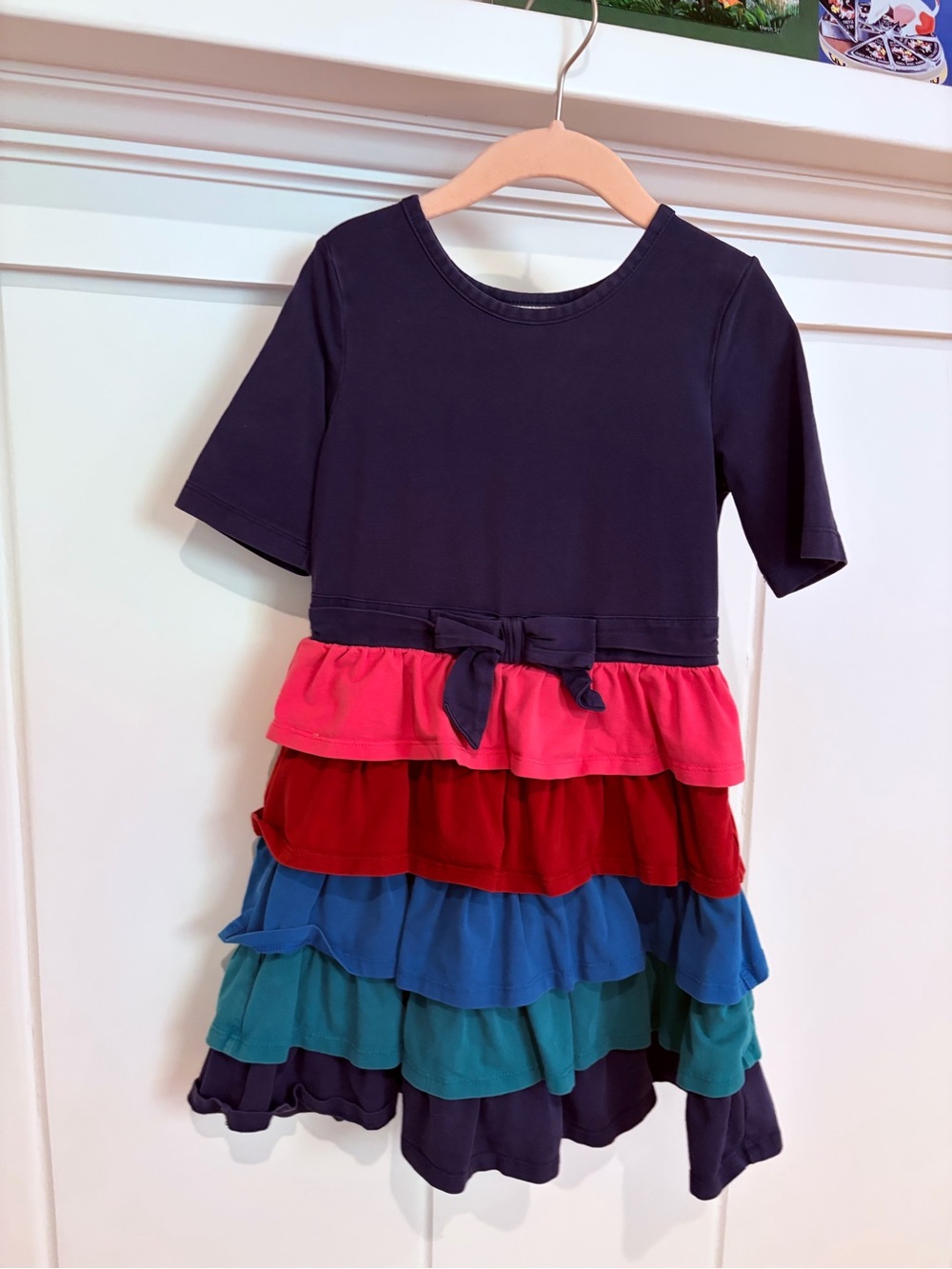 Hanna Andersson Kids Navy Multi-Color Tiered Ruffle Dress with Bow